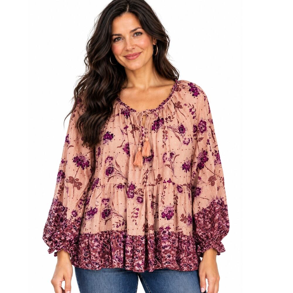 Avenue Imari Empire Waist Spliced Top Womens Size 20 Peach Floral Tiered Peasant